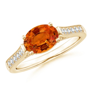 8x6mm AAAA East West Oval Orange Sapphire Solitaire Ring with Diamonds in Yellow Gold
