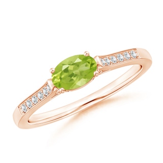 6x4mm AA East-West Oval Peridot Solitaire Ring with Diamonds in 9K Rose Gold