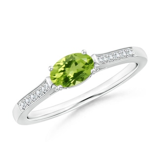 6x4mm AAA East-West Oval Peridot Solitaire Ring with Diamonds in 9K White Gold