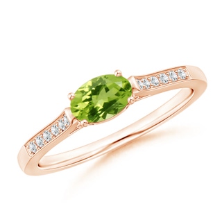 6x4mm AAA East-West Oval Peridot Solitaire Ring with Diamonds in Rose Gold
