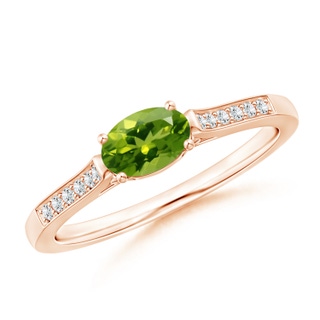 6x4mm AAAA East-West Oval Peridot Solitaire Ring with Diamonds in 9K Rose Gold