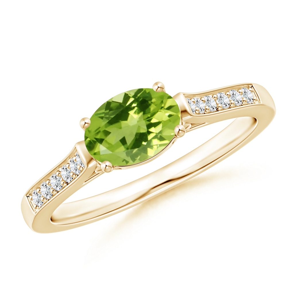 7x5mm AAA East-West Oval Peridot Solitaire Ring with Diamonds in Yellow Gold