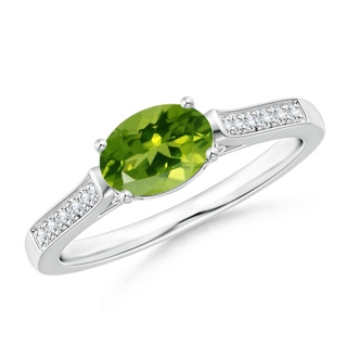 7x5mm AAAA East-West Oval Peridot Solitaire Ring with Diamonds in P950 Platinum