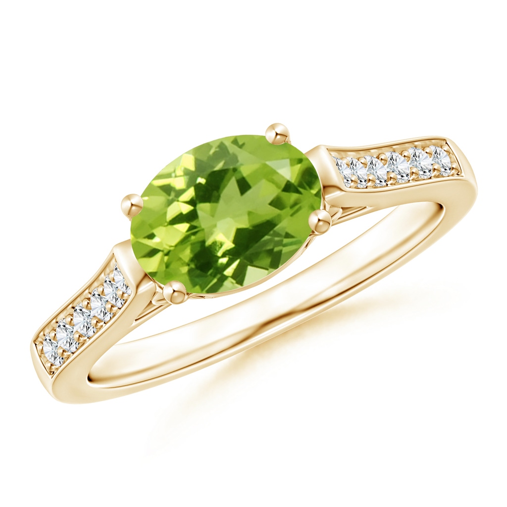 8x6mm AAA East-West Oval Peridot Solitaire Ring with Diamonds in Yellow Gold 