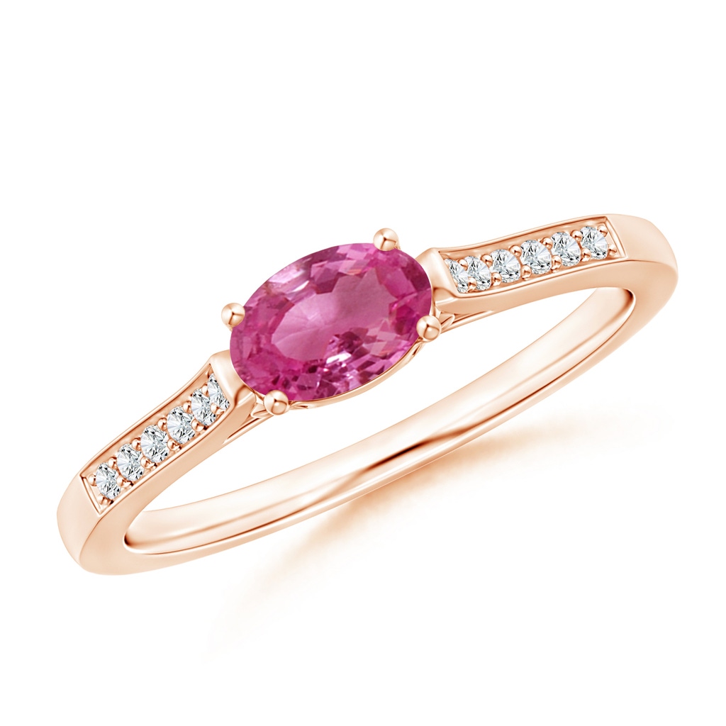 6x4mm AAAA East-West Oval Pink Sapphire Solitaire Ring with Diamonds in Rose Gold