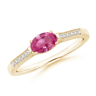 6x4mm AAAA East-West Oval Pink Sapphire Solitaire Ring with Diamonds in Yellow Gold