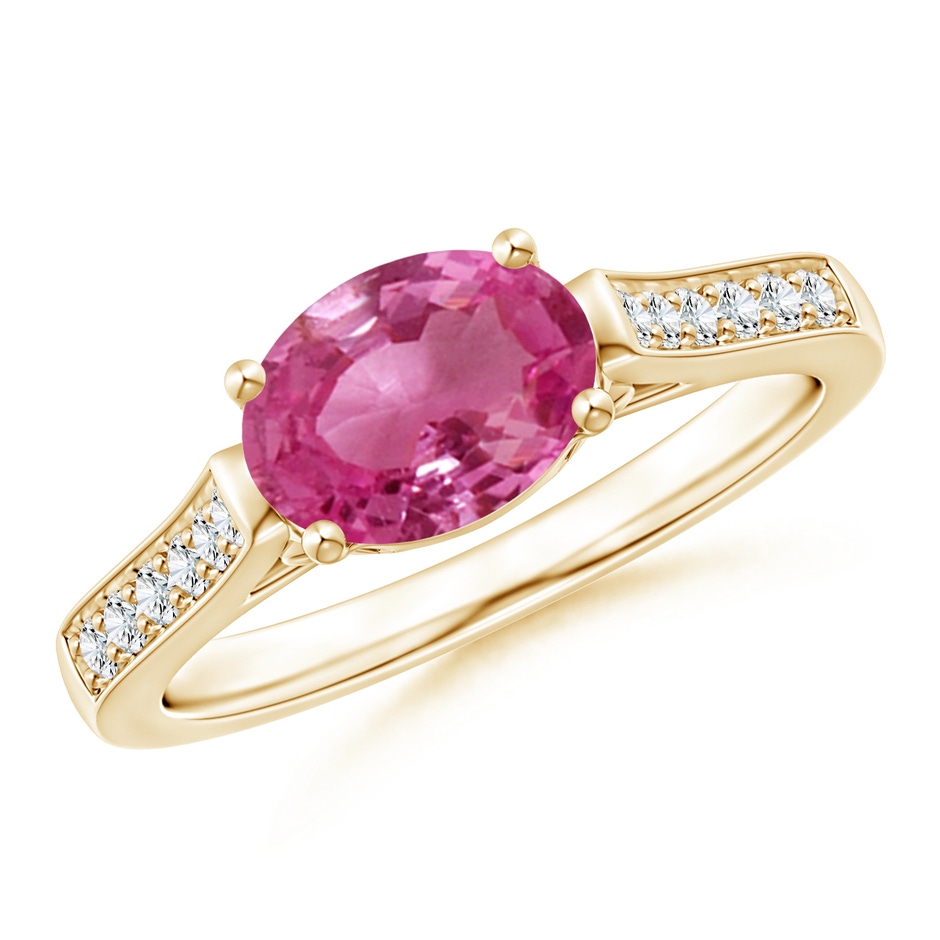 8x6mm AAAA East-West Oval Pink Sapphire Solitaire Ring with Diamonds in Yellow Gold 