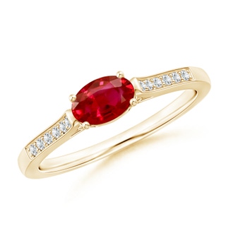 6x4mm AAA East-West Oval Ruby Solitaire Ring with Diamonds in Yellow Gold