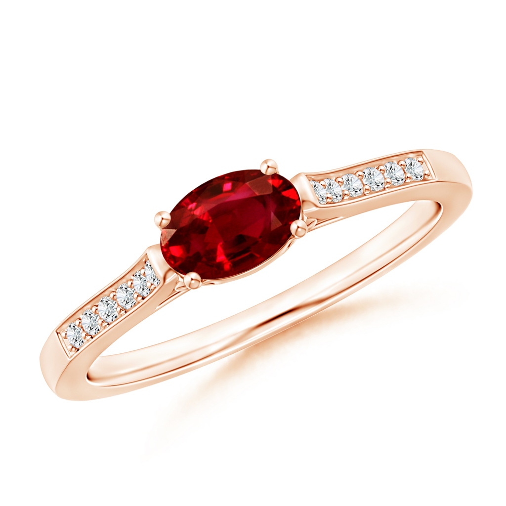 6x4mm AAAA East-West Oval Ruby Solitaire Ring with Diamonds in Rose Gold