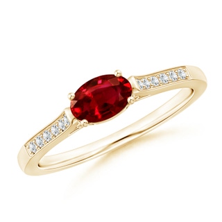 6x4mm AAAA East-West Oval Ruby Solitaire Ring with Diamonds in Yellow Gold
