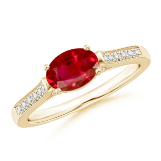 7x5mm AAA East-West Oval Ruby Solitaire Ring with Diamonds in Yellow Gold