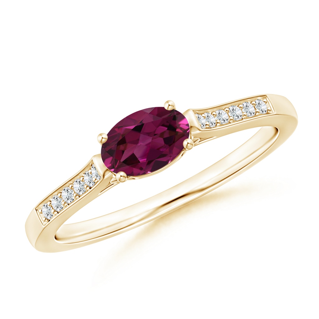6x4mm AAAA East-West Oval Rhodolite Solitaire Ring with Diamonds in Yellow Gold