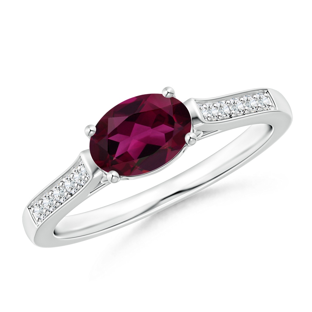7x5mm AAA East-West Oval Rhodolite Solitaire Ring with Diamonds in White Gold