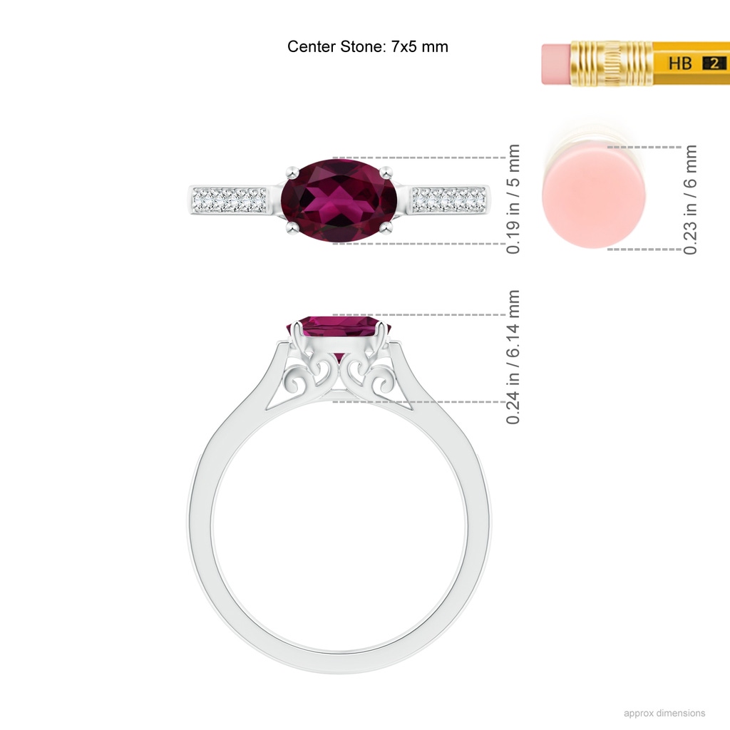 7x5mm AAA East-West Oval Rhodolite Solitaire Ring with Diamonds in White Gold Ruler