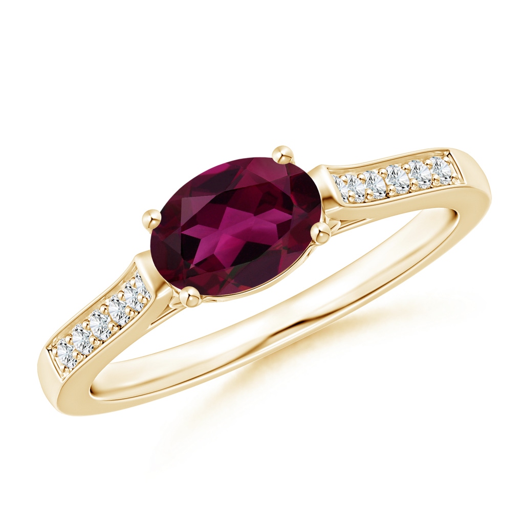 7x5mm AAA East-West Oval Rhodolite Solitaire Ring with Diamonds in Yellow Gold