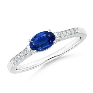 6x4mm AAA East-West Oval Blue Sapphire Solitaire Ring with Diamonds in 9K White Gold