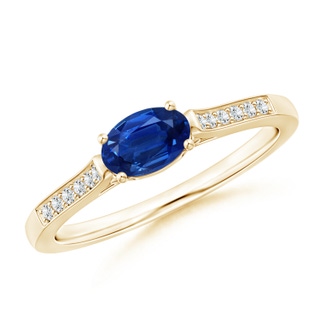 6x4mm AAA East-West Oval Blue Sapphire Solitaire Ring with Diamonds in Yellow Gold