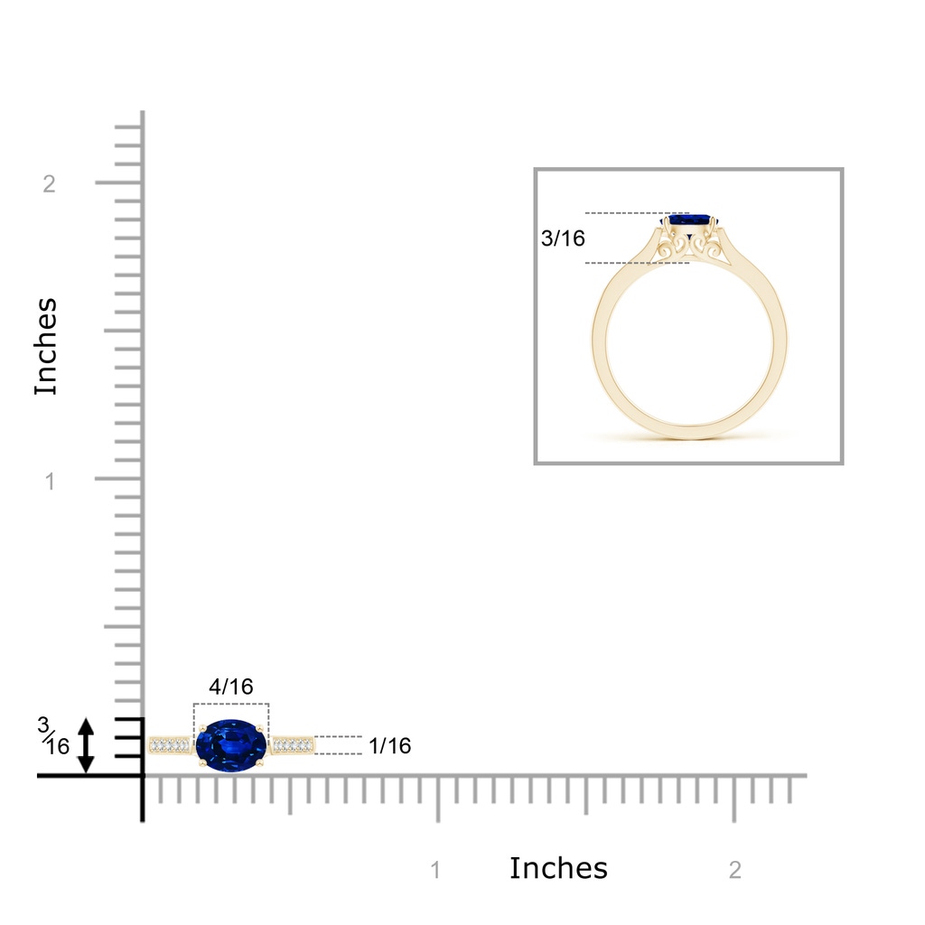 6x4mm AAAA East-West Oval Blue Sapphire Solitaire Ring with Diamonds in Yellow Gold Ruler