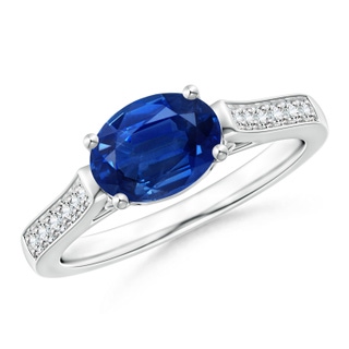 8x6mm AAA East-West Oval Blue Sapphire Solitaire Ring with Diamonds in White Gold