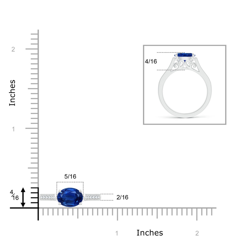 8x6mm AAA East-West Oval Blue Sapphire Solitaire Ring with Diamonds in White Gold Ruler
