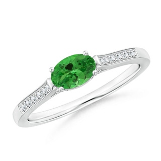 6x4mm AAA East-West Oval Tsavorite Solitaire Ring with Diamonds in White Gold