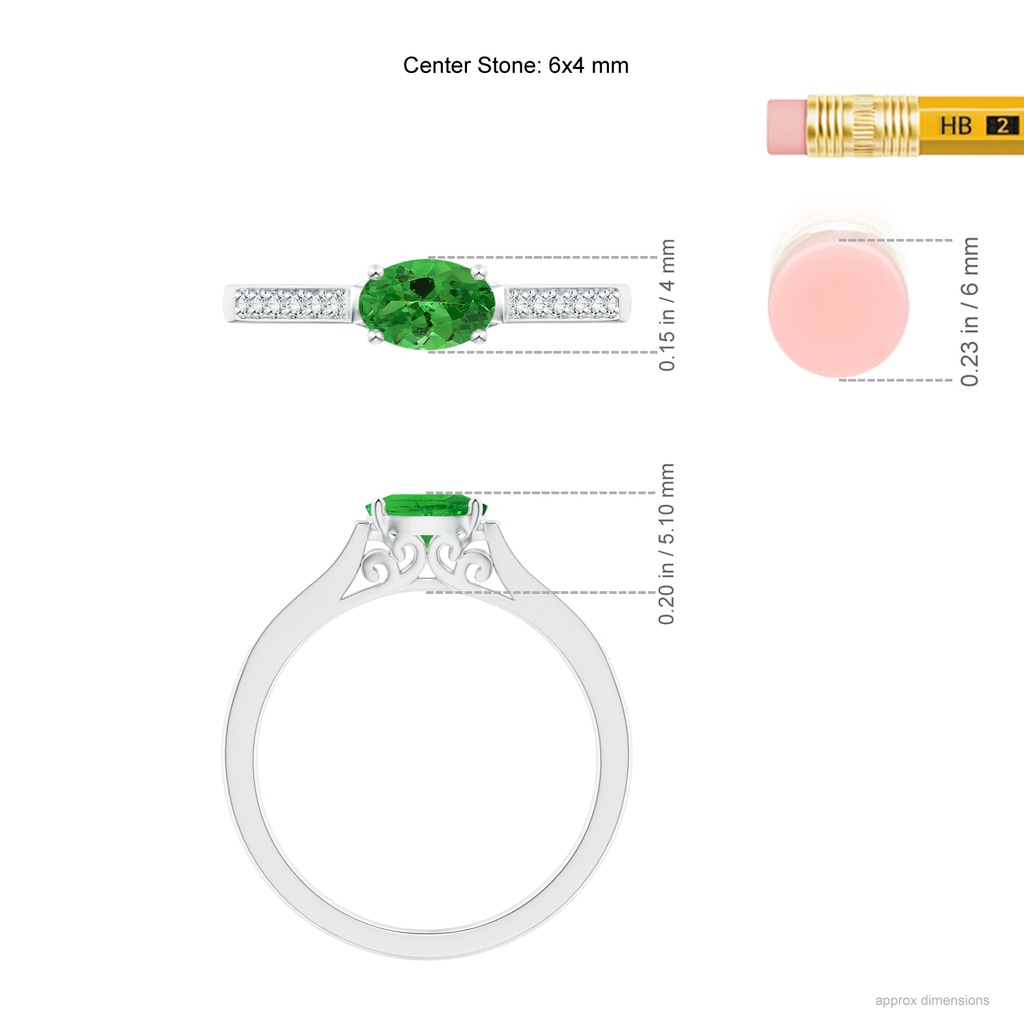 6x4mm AAA East-West Oval Tsavorite Solitaire Ring with Diamonds in White Gold Ruler