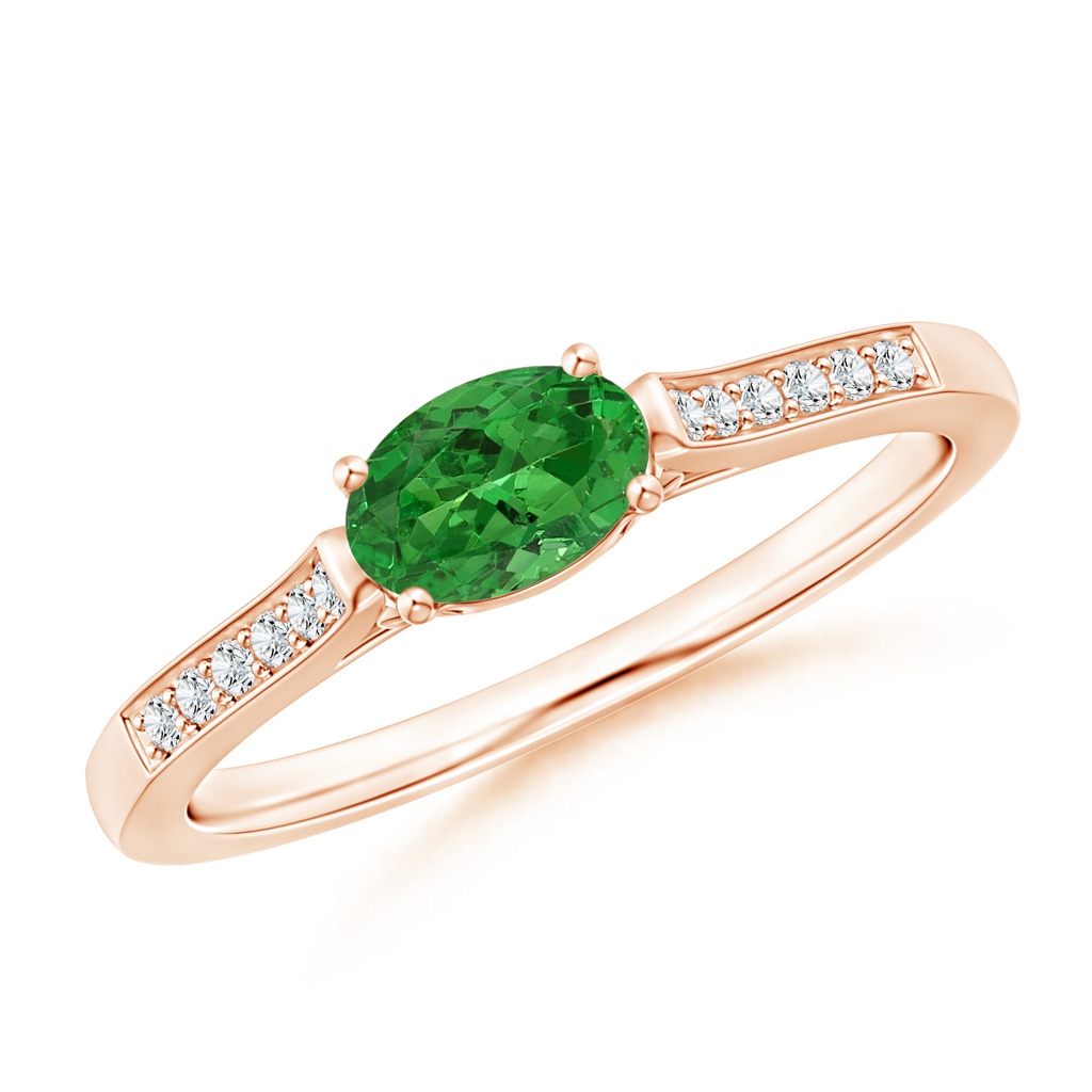 6x4mm AAAA East-West Oval Tsavorite Solitaire Ring with Diamonds in Rose Gold