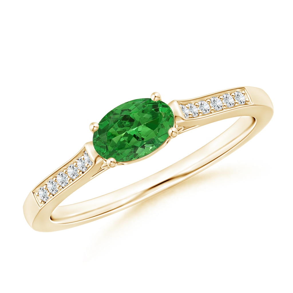 6x4mm AAAA East-West Oval Tsavorite Solitaire Ring with Diamonds in Yellow Gold