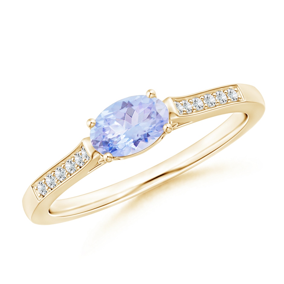 6x4mm A East-West Oval Tanzanite Solitaire Ring with Diamonds in Yellow Gold 