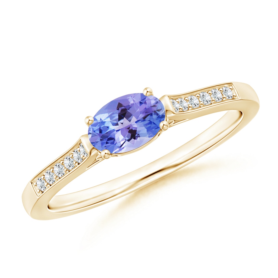 6x4mm AAA East-West Oval Tanzanite Solitaire Ring with Diamonds in Yellow Gold 