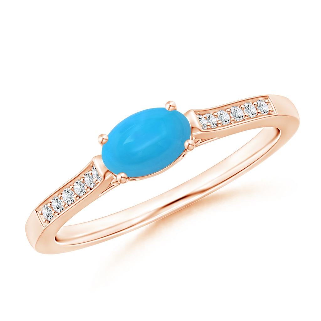 6x4mm AAAA East-West Oval Turquoise Solitaire Ring with Diamonds in Rose Gold