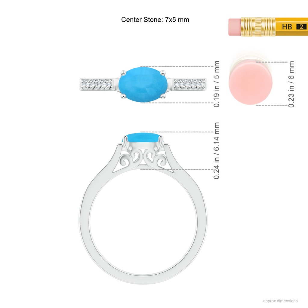 7x5mm AAA East-West Oval Turquoise Solitaire Ring with Diamonds in White Gold Ruler