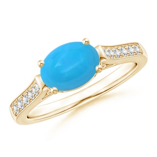 8x6mm AAAA East-West Oval Turquoise Solitaire Ring with Diamonds in Yellow Gold
