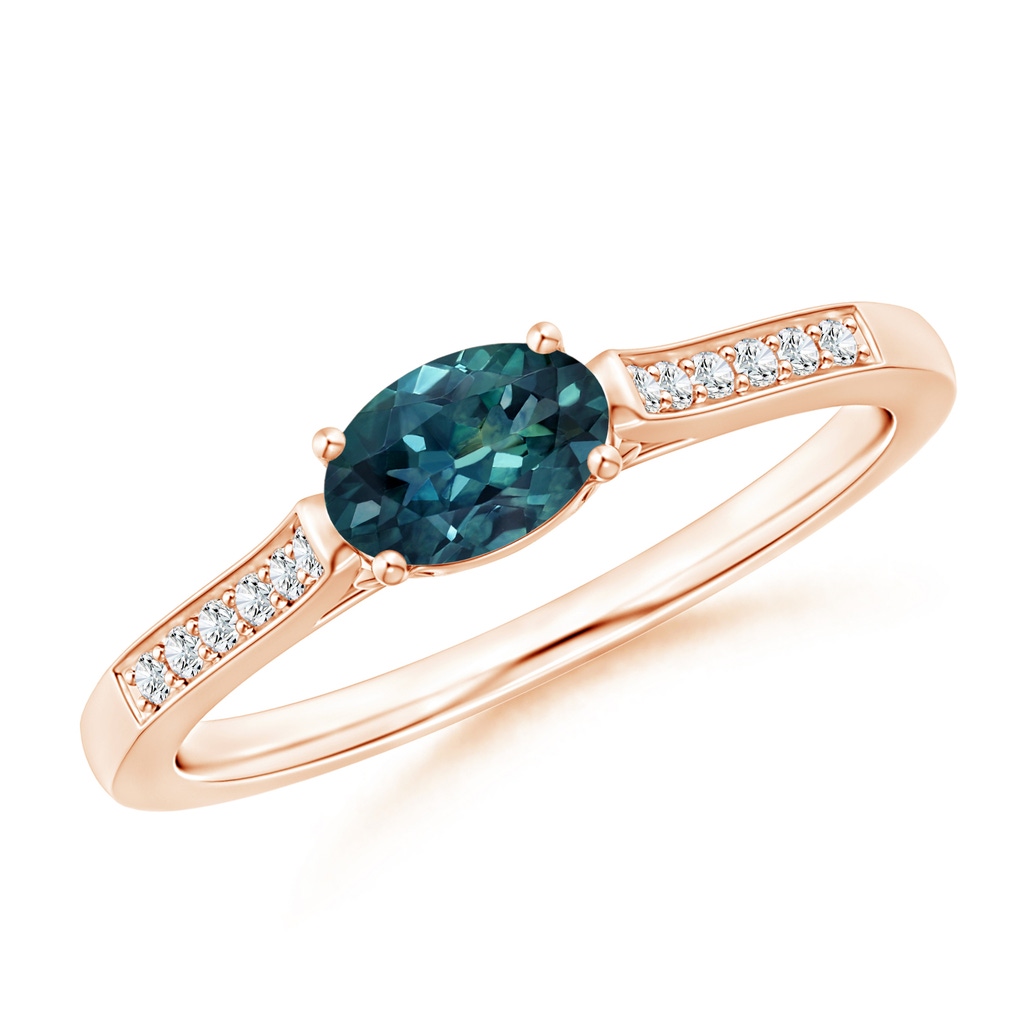 6x4mm AAA East-West Oval Teal Montana Sapphire Solitaire Ring with Diamonds in Rose Gold