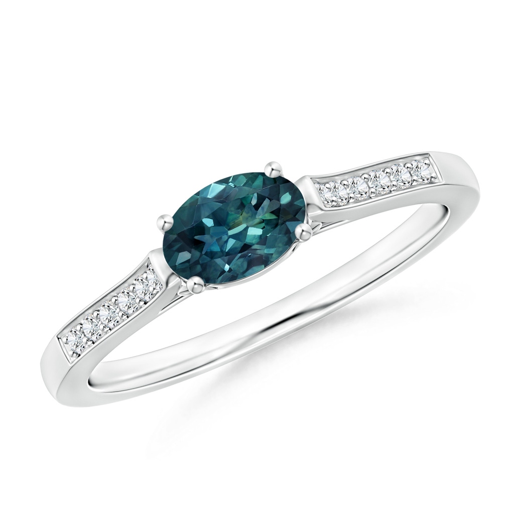 6x4mm AAA East-West Oval Teal Montana Sapphire Solitaire Ring with Diamonds in White Gold 