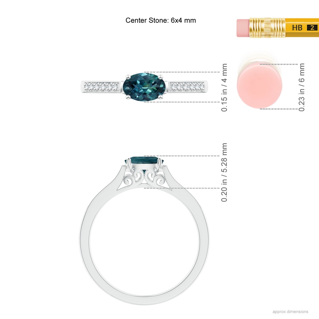 6x4mm AAA East-West Oval Teal Montana Sapphire Solitaire Ring with Diamonds in White Gold Ruler