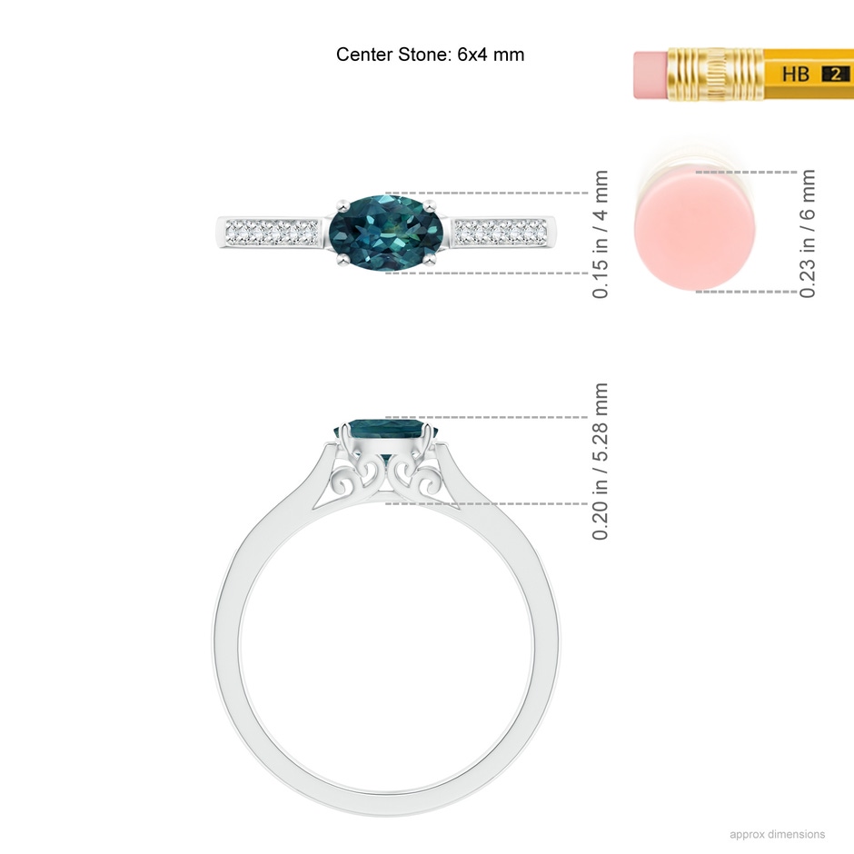 6x4mm AAA East-West Oval Teal Montana Sapphire Solitaire Ring with Diamonds in White Gold ruler