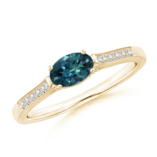 6x4mm AAA East-West Oval Teal Montana Sapphire Solitaire Ring with Diamonds in Yellow Gold