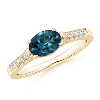 7x5mm AAA East-West Oval Teal Montana Sapphire Solitaire Ring with Diamonds in Yellow Gold