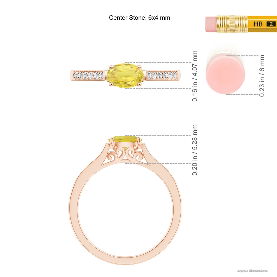 6x4mm A East West Oval Yellow Sapphire Solitaire Ring with Diamonds in Rose Gold ruler