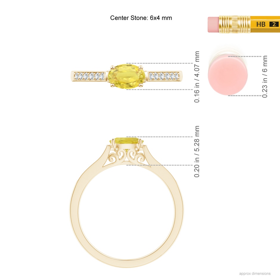6x4mm A East West Oval Yellow Sapphire Solitaire Ring with Diamonds in Yellow Gold ruler