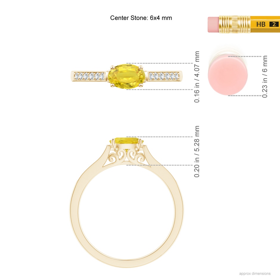 6x4mm AA East West Oval Yellow Sapphire Solitaire Ring with Diamonds in Yellow Gold ruler