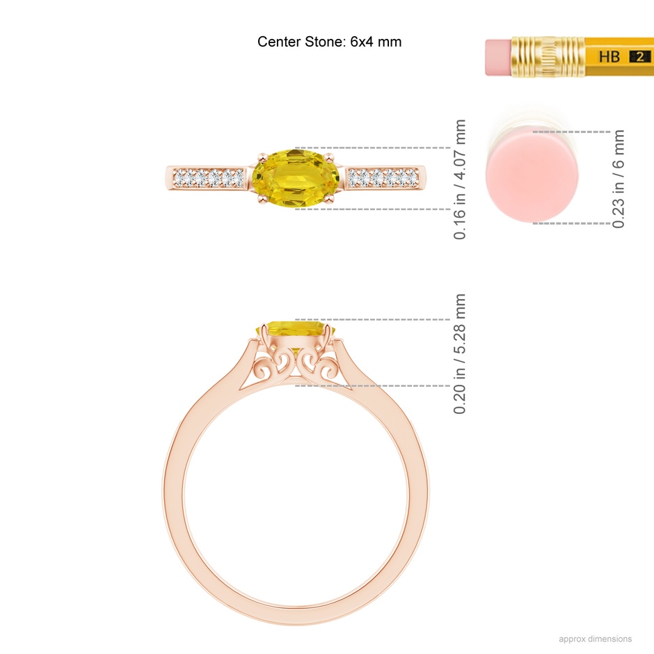 6x4mm AAA East West Oval Yellow Sapphire Solitaire Ring with Diamonds in Rose Gold ruler