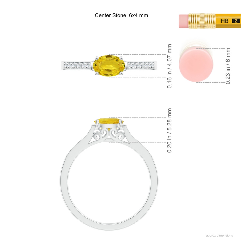 6x4mm AAA East West Oval Yellow Sapphire Solitaire Ring with Diamonds in White Gold Ruler