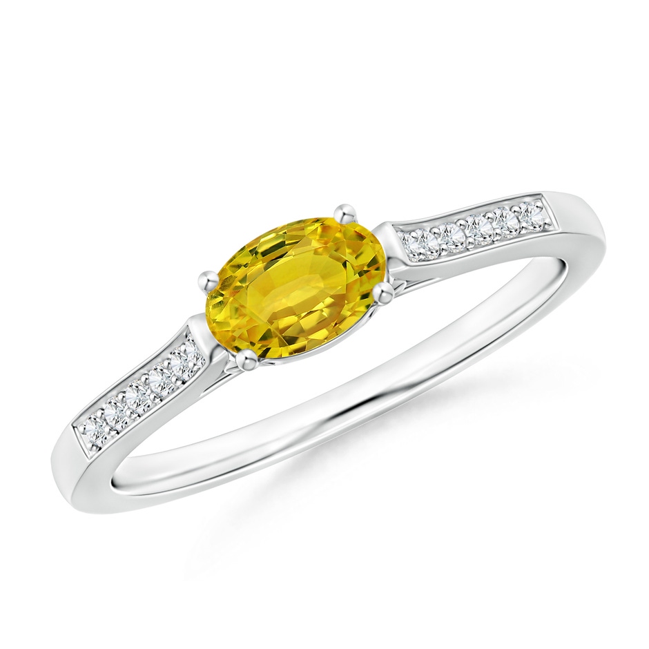 6x4mm AAAA East West Oval Yellow Sapphire Solitaire Ring with Diamonds in White Gold 