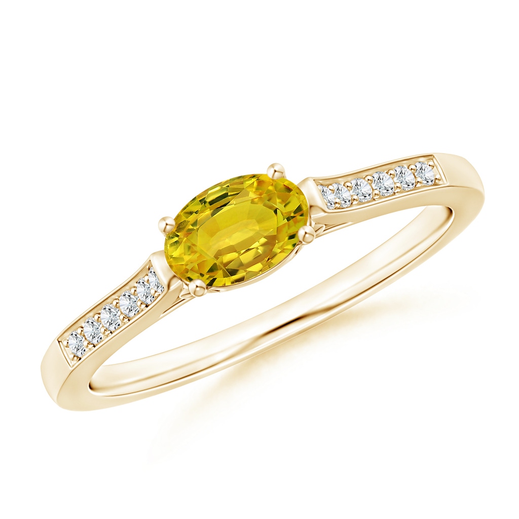 6x4mm AAAA East West Oval Yellow Sapphire Solitaire Ring with Diamonds in Yellow Gold