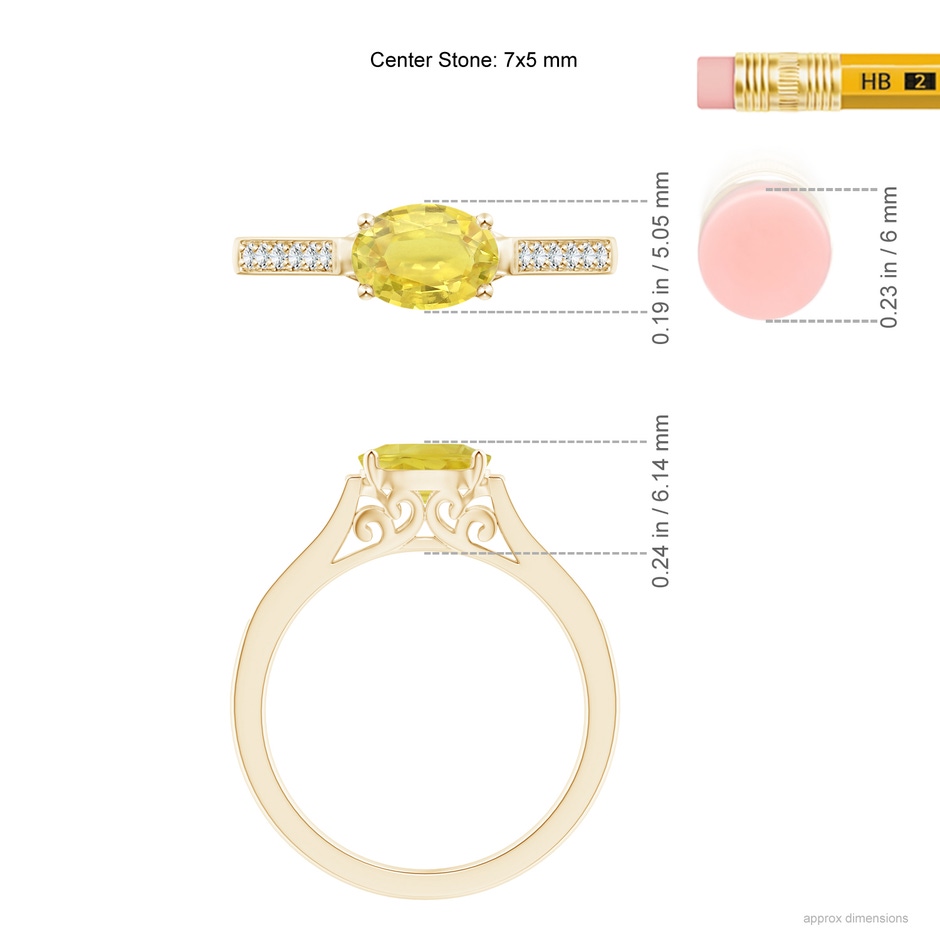 7x5mm A East West Oval Yellow Sapphire Solitaire Ring with Diamonds in Yellow Gold ruler