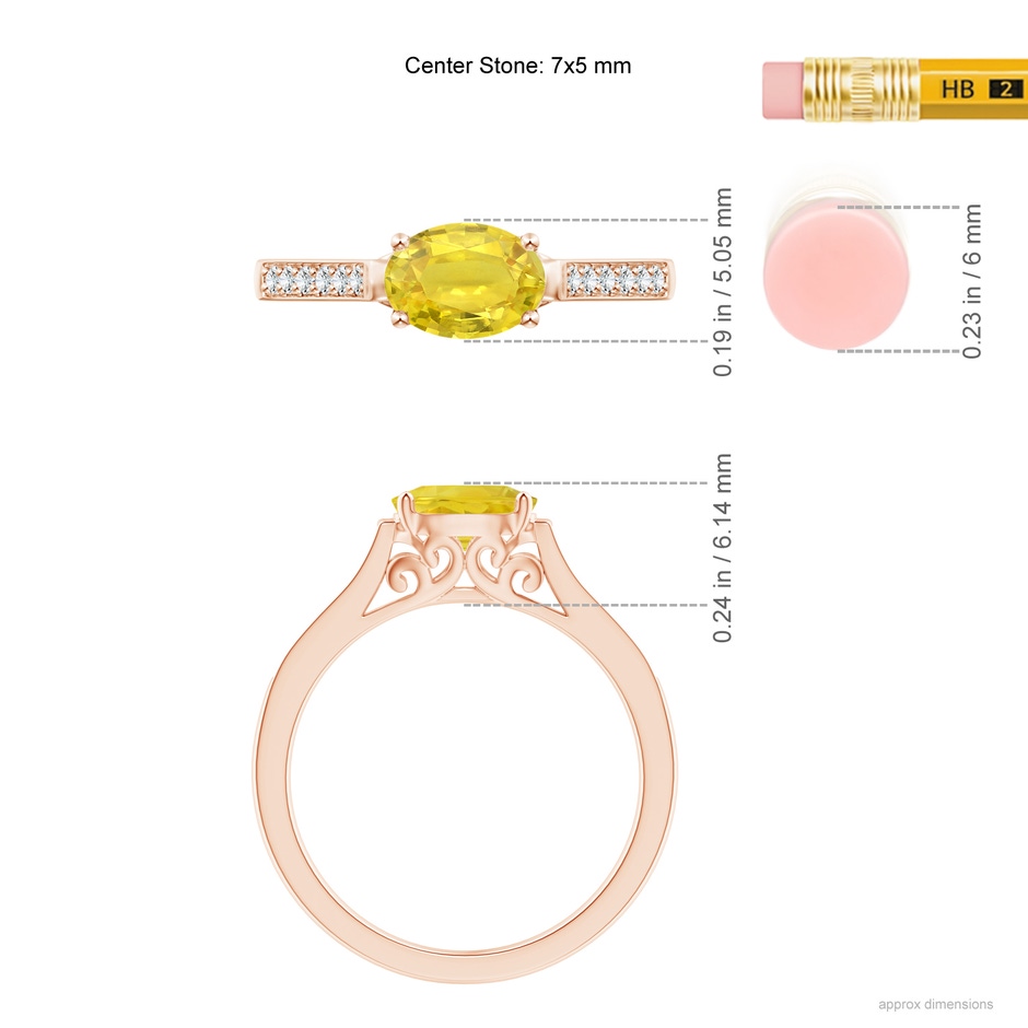 7x5mm AA East West Oval Yellow Sapphire Solitaire Ring with Diamonds in Rose Gold ruler