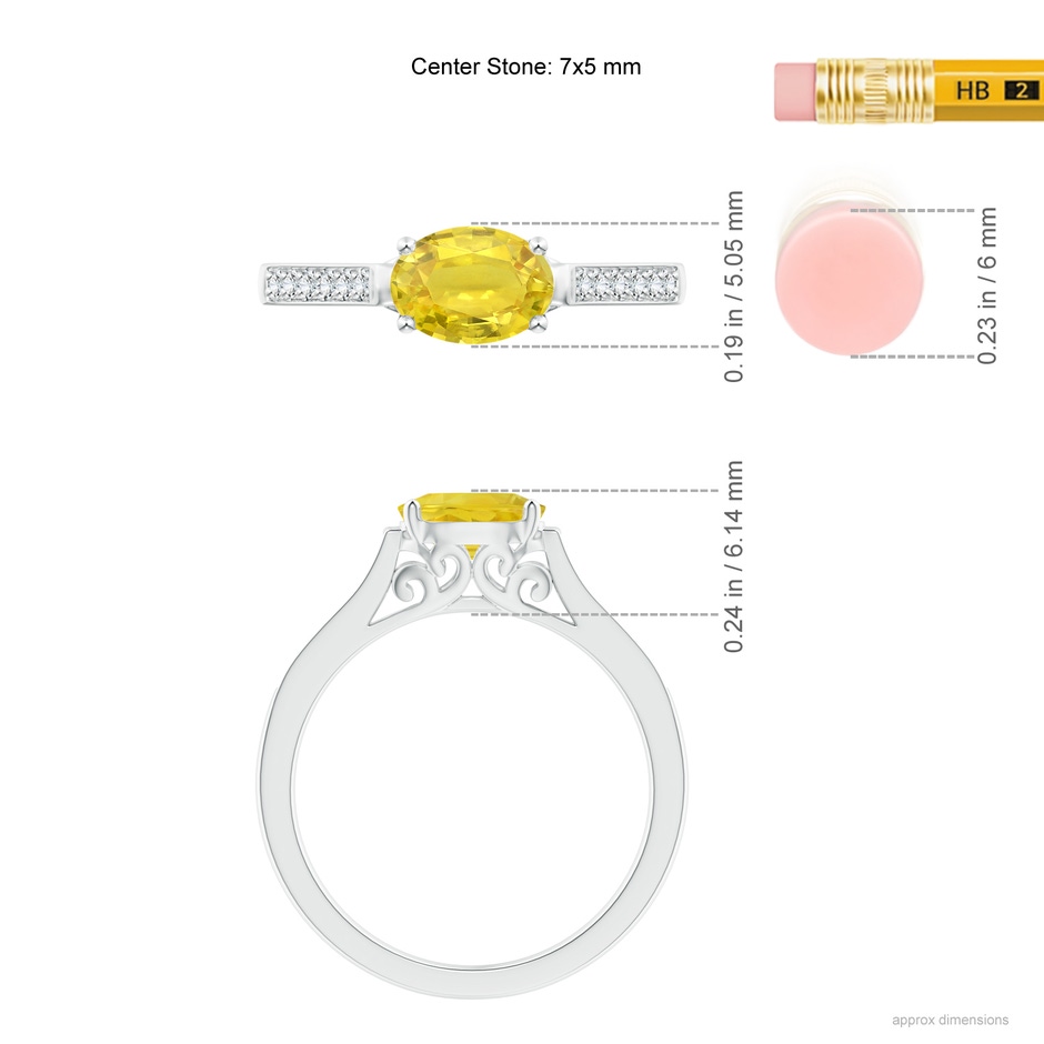 7x5mm AA East West Oval Yellow Sapphire Solitaire Ring with Diamonds in White Gold ruler