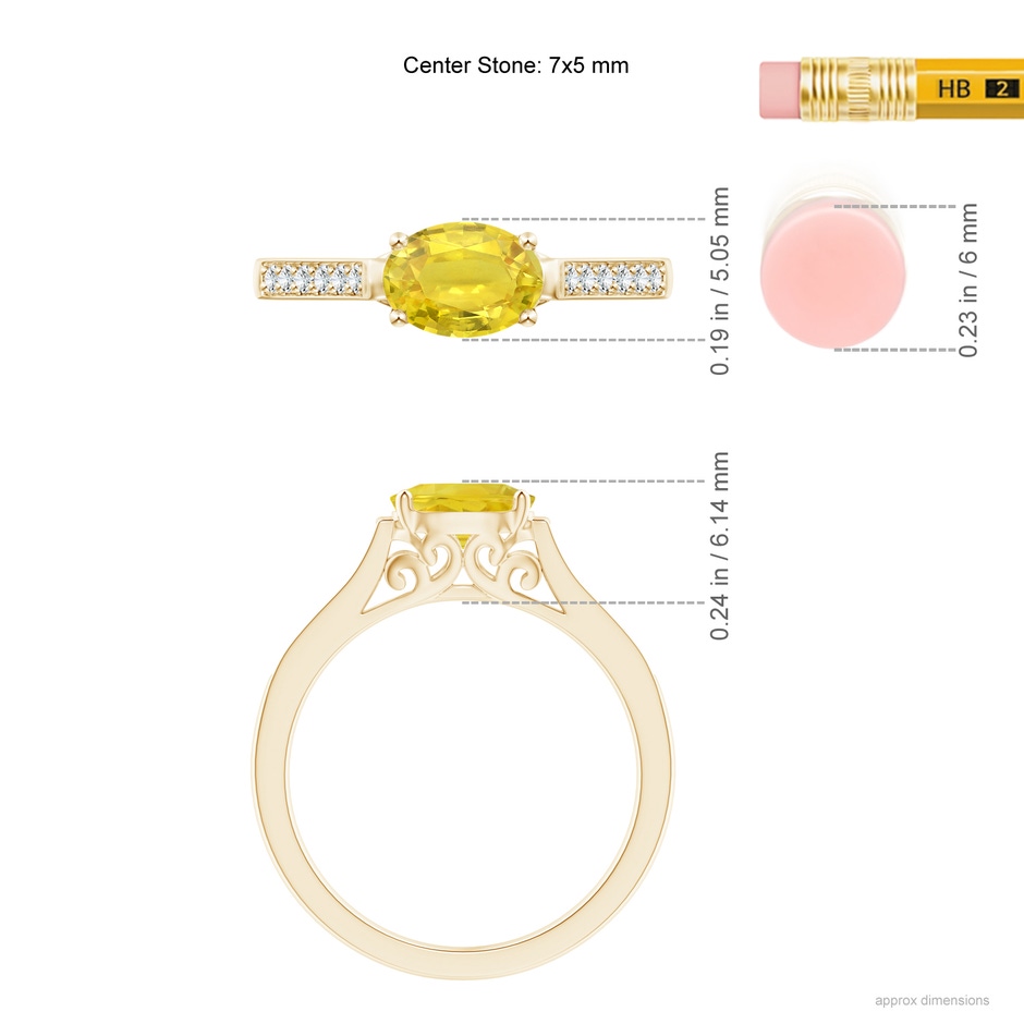 7x5mm AA East West Oval Yellow Sapphire Solitaire Ring with Diamonds in Yellow Gold ruler